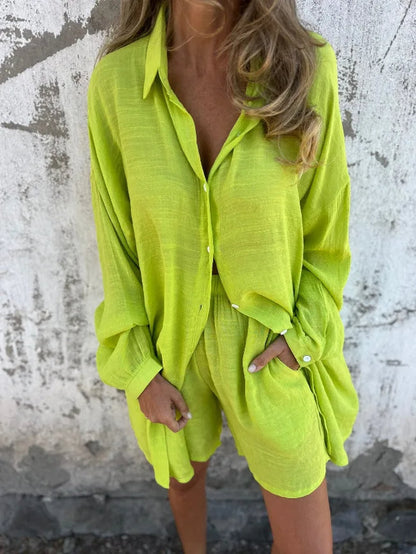 Women's Elegant Two-Piece Set - Loose Black Shirt with Matching Cardigan Shorts Suit for Trendy Spring/Summer Street Style