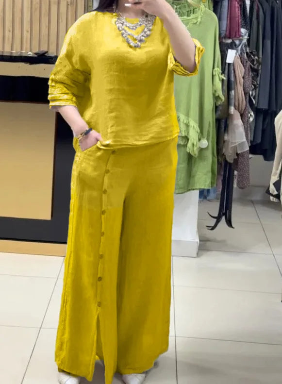 Women’s Loose Two-Piece Summer Set – Casual Button Shirt with 3/4 Sleeves and Slit Wide-Leg Pants for Effortless 2025 Style and Relaxed Elegance