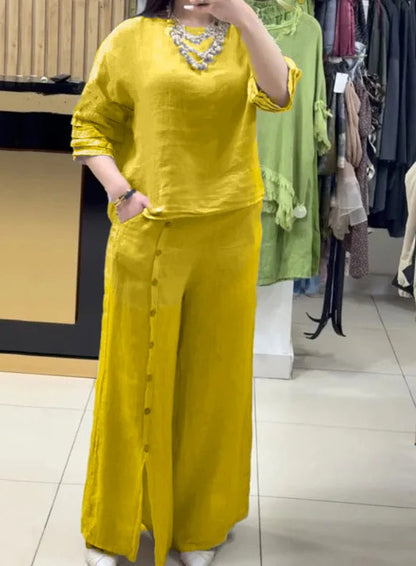 Women’s Loose Two-Piece Summer Set – Casual Button Shirt with 3/4 Sleeves and Slit Wide-Leg Pants for Effortless 2025 Style and Relaxed Elegance