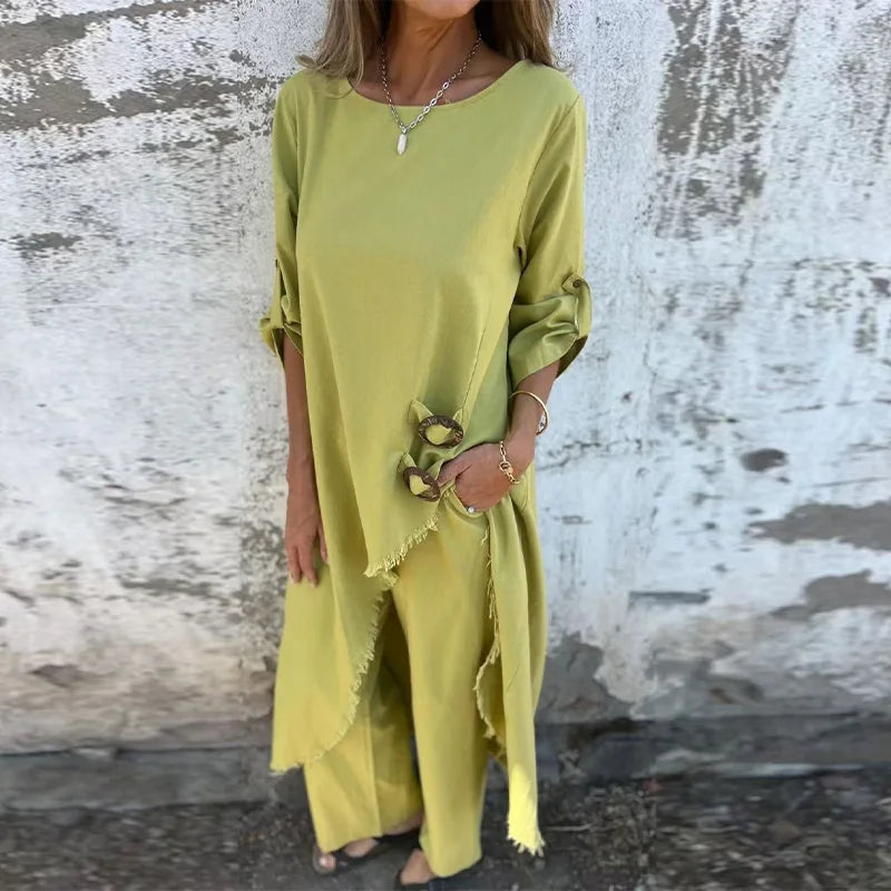 Women’s Casual Spring Summer Pants Set – Elegant Loose-Fit Pullover with Irregular Neck and Wide-Leg Pants for Effortless Everyday Sophistication