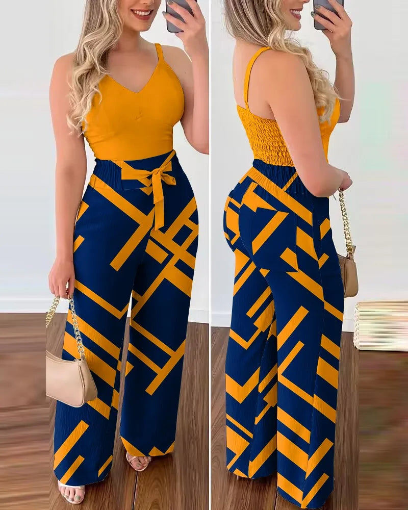 Solid Color V-Neck Shirred Jumpsuit for Women – Chic One-Piece Pants Set for Summer Dates & Casual Confidence