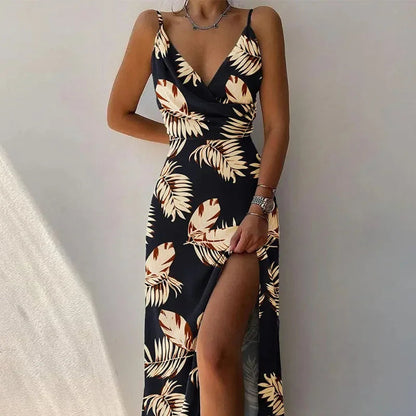 Sexy V-Neck Printed Dress with Slit – Sleeveless A-Line Camisole for Elegant Summer Evenings
