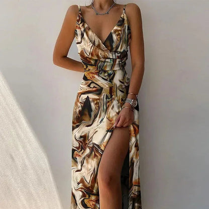 Sexy V-Neck Printed Dress with Slit – Sleeveless A-Line Camisole for Elegant Summer Evenings