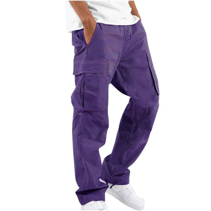 Men's Multi-pocket Cargo Pants – Solid Full-Length Trousers with Drawstring Pockets for Everyday Comfort