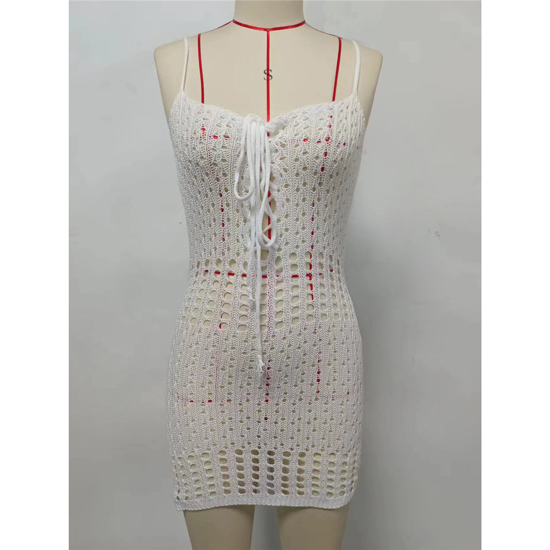 Lace-Up Crochet Mini Dress – Hollow Out Backless Knitted Beach Cover-Up for Bikini Layering and Resort Wear
