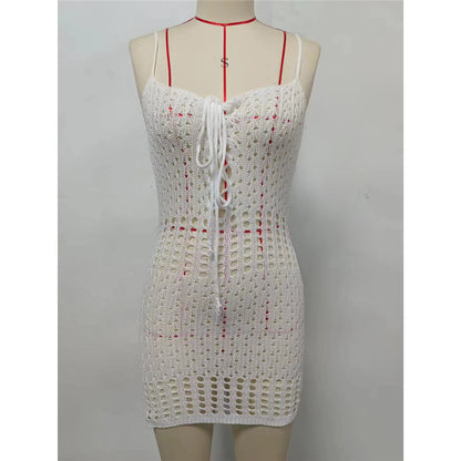 Lace-Up Crochet Mini Dress – Hollow Out Backless Knitted Beach Cover-Up for Bikini Layering and Resort Wear