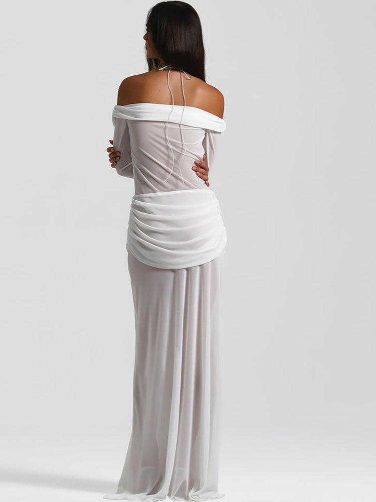 Sexy Off-Shoulder Hollow-Out Maxi Dress – Elegant Halter Long-Sleeve White Dress for Women, Slim Summer Vacation Beachwear & Evening Resort Outfits