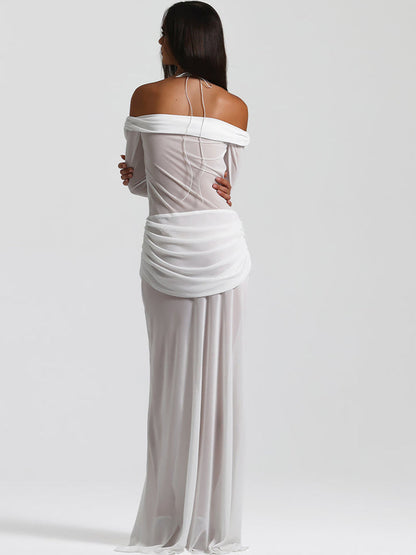Sexy Off-Shoulder Hollow-Out Maxi Dress – Elegant Halter Long-Sleeve White Dress for Women, Slim Summer Vacation Beachwear & Evening Resort Outfits