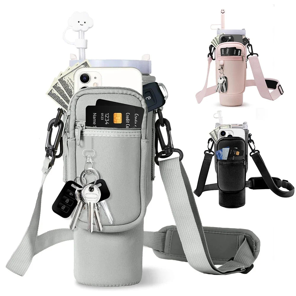 Water Bottle Carrier with Phone Pocket – Adjustable Crossbody Bottle Pouch Keeps Your Drink and Essentials Hands-Free on the Go