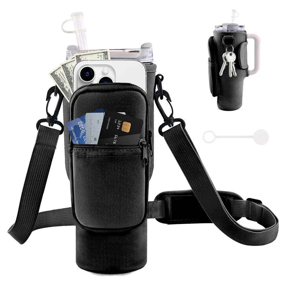 Water Bottle Carrier with Phone Pocket – Adjustable Crossbody Bottle Pouch Keeps Your Drink and Essentials Hands-Free on the Go