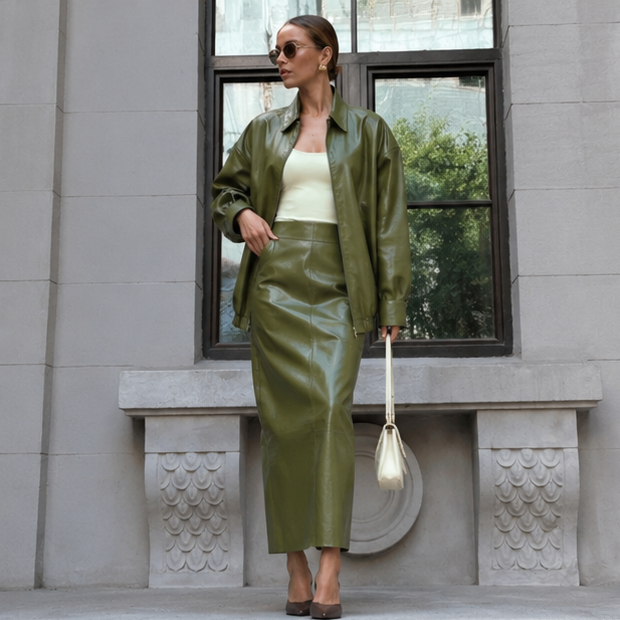 Women Leather Skirt Suit Set - Vintage Zipper Jacket and Straight Skirt Outfit for Spring Fashion and Elegant Streetwear