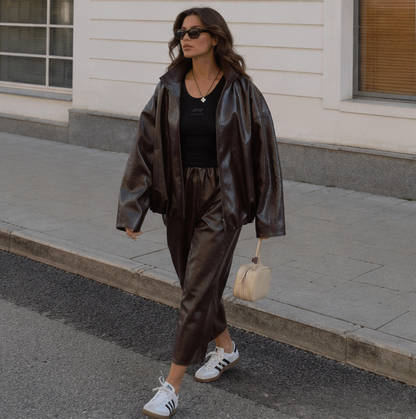 Women Leather Skirt Suit Set - Vintage Zipper Jacket and Straight Skirt Outfit for Spring Fashion and Elegant Streetwear