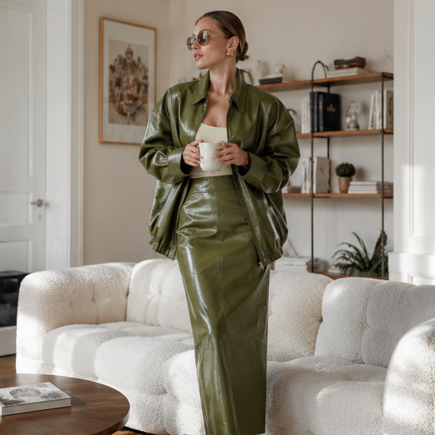 Women Leather Skirt Suit Set - Vintage Zipper Jacket and Straight Skirt Outfit for Spring Fashion and Elegant Streetwear