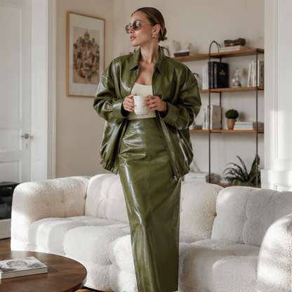 Women Leather Skirt Suit Set - Vintage Zipper Jacket and Straight Skirt Outfit for Spring Fashion and Elegant Streetwear