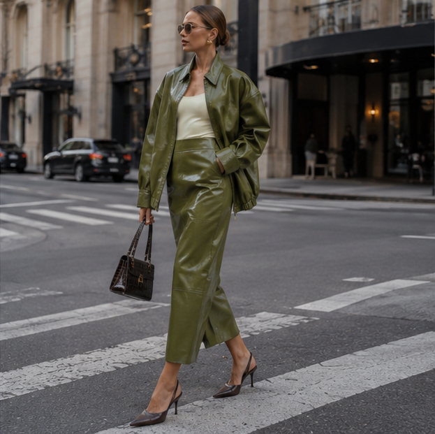 Women Leather Skirt Suit Set - Vintage Zipper Jacket and Straight Skirt Outfit for Spring Fashion and Elegant Streetwear