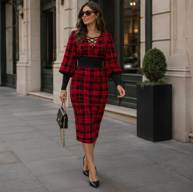 Women Maze Print Party Dress - Elegant Long Sleeve Slim Fit V Neck Dress with Hollow Out Detail for Clubwear Fashion
