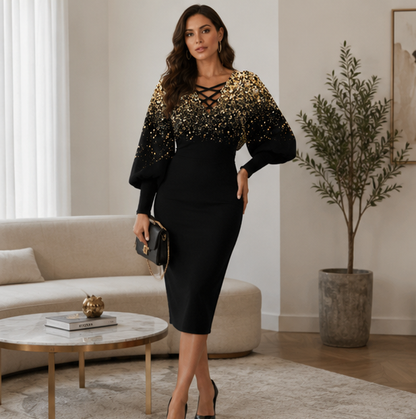 Women Maze Print Party Dress - Elegant Long Sleeve Slim Fit V Neck Dress with Hollow Out Detail for Clubwear Fashion