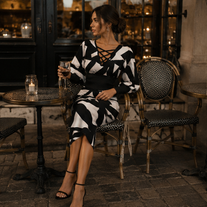 Women Maze Print Party Dress - Elegant Long Sleeve Slim Fit V Neck Dress with Hollow Out Detail for Clubwear Fashion