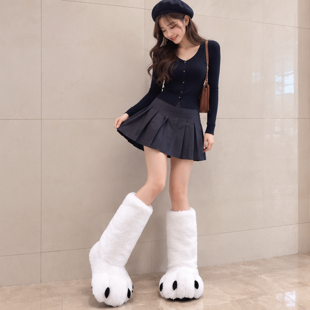 Women's Bear Paw Winter Boots - Plush High Top House Slippers for Cozy Indoor Warmth