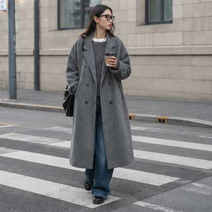 Women's Double Breasted Wool Coat – Long Double Sided Winter Overcoat for Elegant Warmth and Timeless Fashion