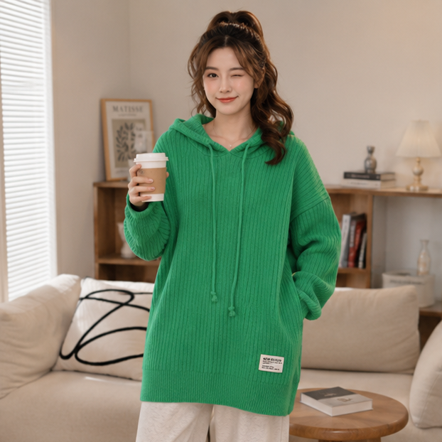 Women's Hooded Knitted Sweater - Thick Longline Winter Pullover for Casual Warm Fashion Styling