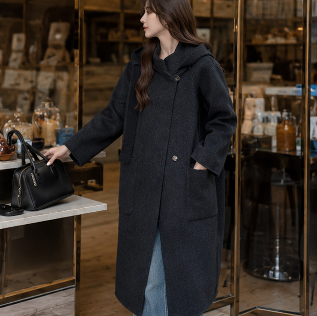 Women's Hooded Wool Coat – Thick Mid Length Winter Overcoat for Plus Size Comfort and Elegant Cold Weather Style