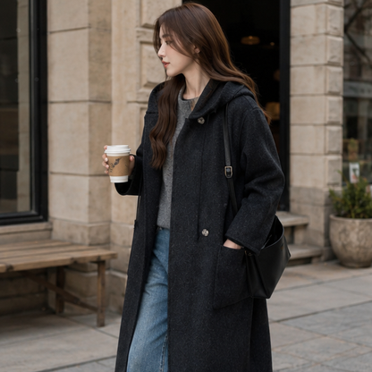 Women's Hooded Wool Coat – Thick Mid Length Winter Overcoat for Plus Size Comfort and Elegant Cold Weather Style