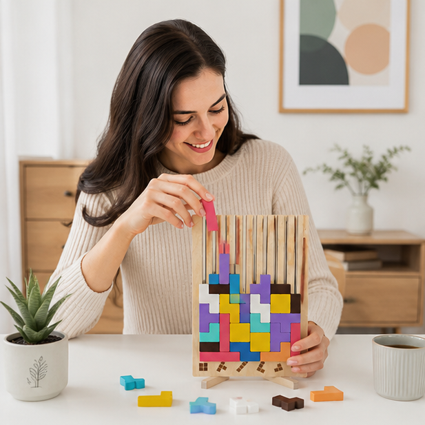 Wooden Russian Block Puzzle - Montessori Brain Teaser Tangram Toy for Logic Development and Educational Play