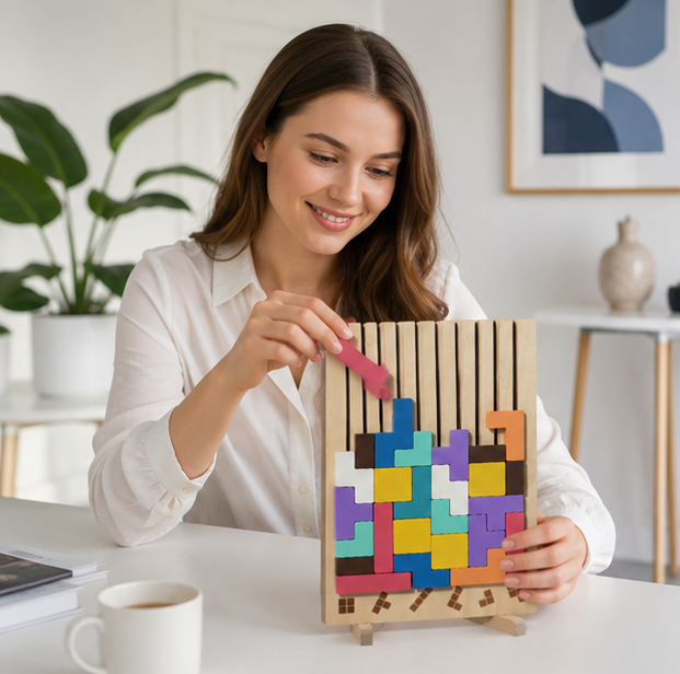 Wooden Russian Block Puzzle - Montessori Brain Teaser Tangram Toy for Logic Development and Educational Play
