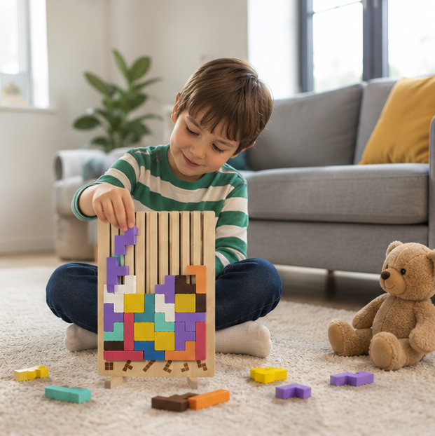 Wooden Russian Block Puzzle - Montessori Brain Teaser Tangram Toy for Logic Development and Educational Play
