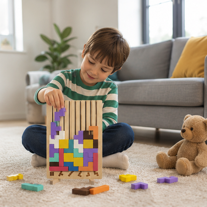 Wooden Russian Block Puzzle - Montessori Brain Teaser Tangram Toy for Logic Development and Educational Play