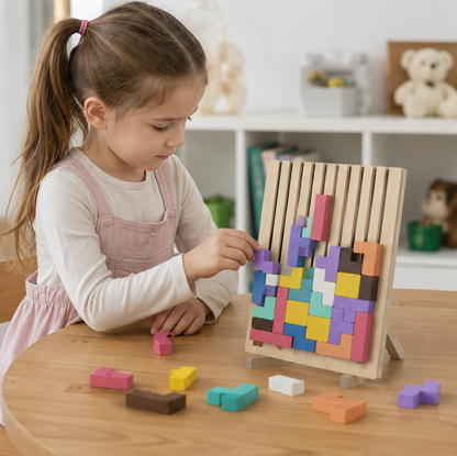 Wooden Russian Block Puzzle - Montessori Brain Teaser Tangram Toy for Logic Development and Educational Play