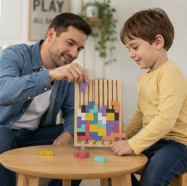 Wooden Russian Block Puzzle - Montessori Brain Teaser Tangram Toy for Logic Development and Educational Play