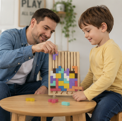 Wooden Russian Block Puzzle - Montessori Brain Teaser Tangram Toy for Logic Development and Educational Play