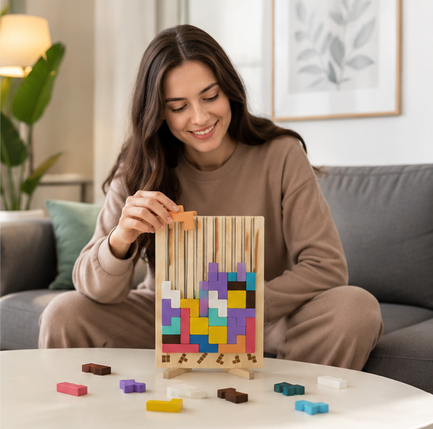 Wooden Russian Block Puzzle - Montessori Brain Teaser Tangram Toy for Logic Development and Educational Play