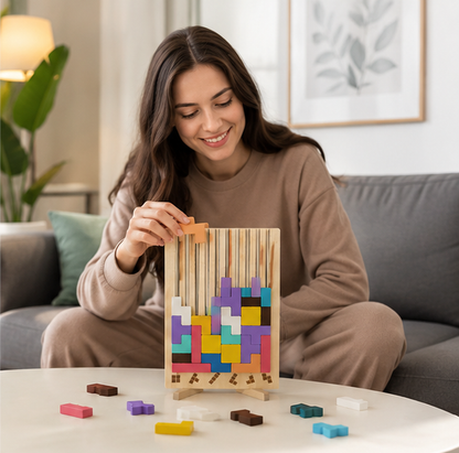 Wooden Russian Block Puzzle - Montessori Brain Teaser Tangram Toy for Logic Development and Educational Play