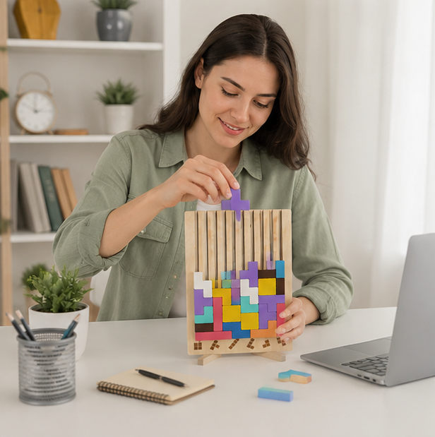 Wooden Russian Block Puzzle - Montessori Brain Teaser Tangram Toy for Logic Development and Educational Play