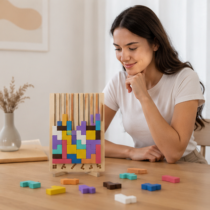 Wooden Russian Block Puzzle - Montessori Brain Teaser Tangram Toy for Logic Development and Educational Play