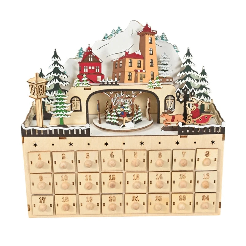 LED Countdown Christmas Tree & Reindeer Houses – Decorative Wooden Advent Calendar with Lights, Holiday Home Decoration for Christmas