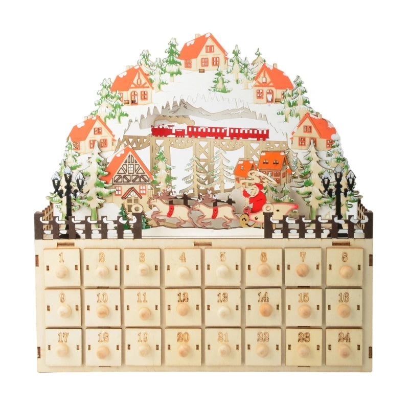 LED Countdown Christmas Tree & Reindeer Houses – Decorative Wooden Advent Calendar with Lights, Holiday Home Decoration for Christmas