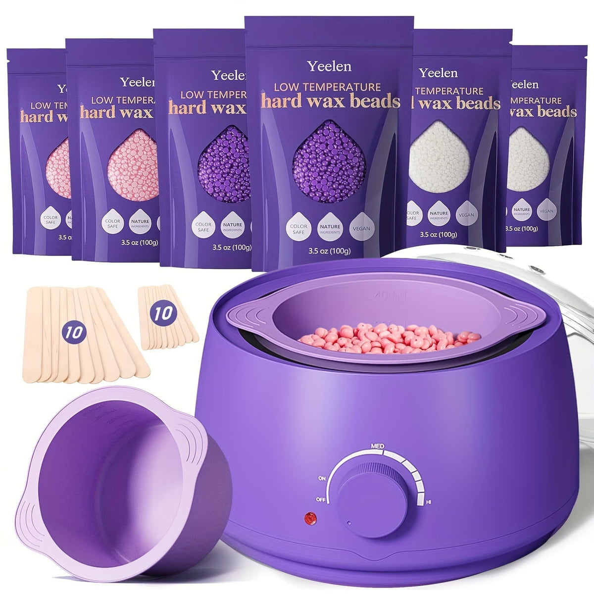 Sensitive Skin Wax Beads Hair Removal Kit – 6pcs Bikini Wax Beads with Silicone Pot for Smooth Body, Legs, and At-Home Waxing