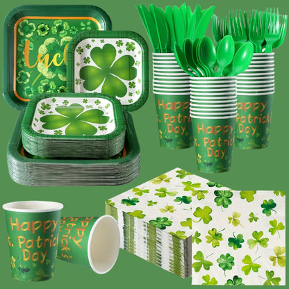 St. Patrick’s Day Shamrock Tableware Set – 350-Piece Serve 50 Guests with Lucky Green Plates, Cups, Napkins & Cutlery