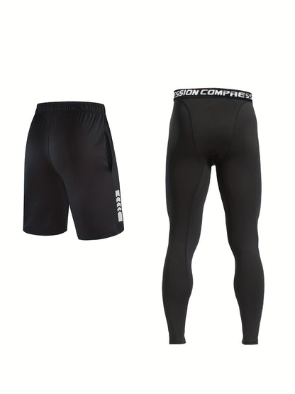 Men’s 2-Piece Sports Set – Running Training Shorts with Compression Tights, Quick-Dry Activewear for Gym & Basketball