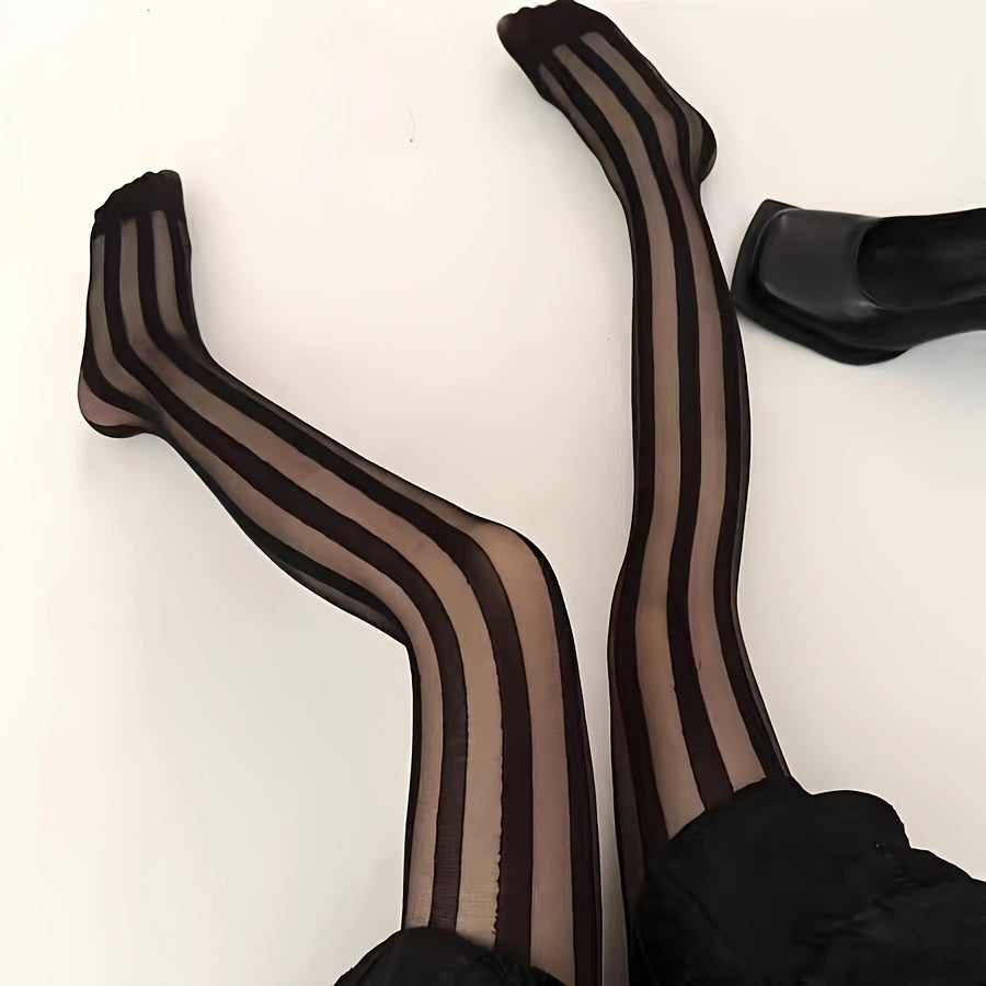 Elegant Black Striped Pattern Tights – 1 Pair Polyamide-Elastane Blend with Lace Details for Chic, Sheer Style and Everyday Comfort