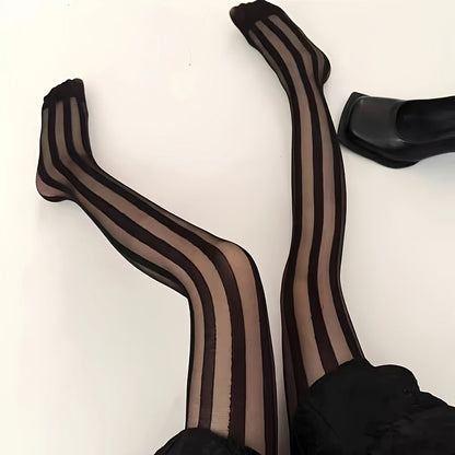 Elegant Black Striped Pattern Tights – 1 Pair Polyamide-Elastane Blend with Lace Details for Chic, Sheer Style and Everyday Comfort