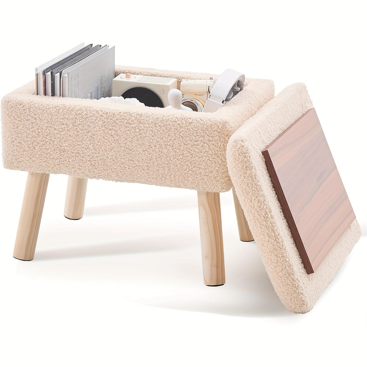 Modern Green Velvet Ottoman – Soft Padded Square Footrest with Wood Legs for Bedrooms, Offices, and Compact Spaces