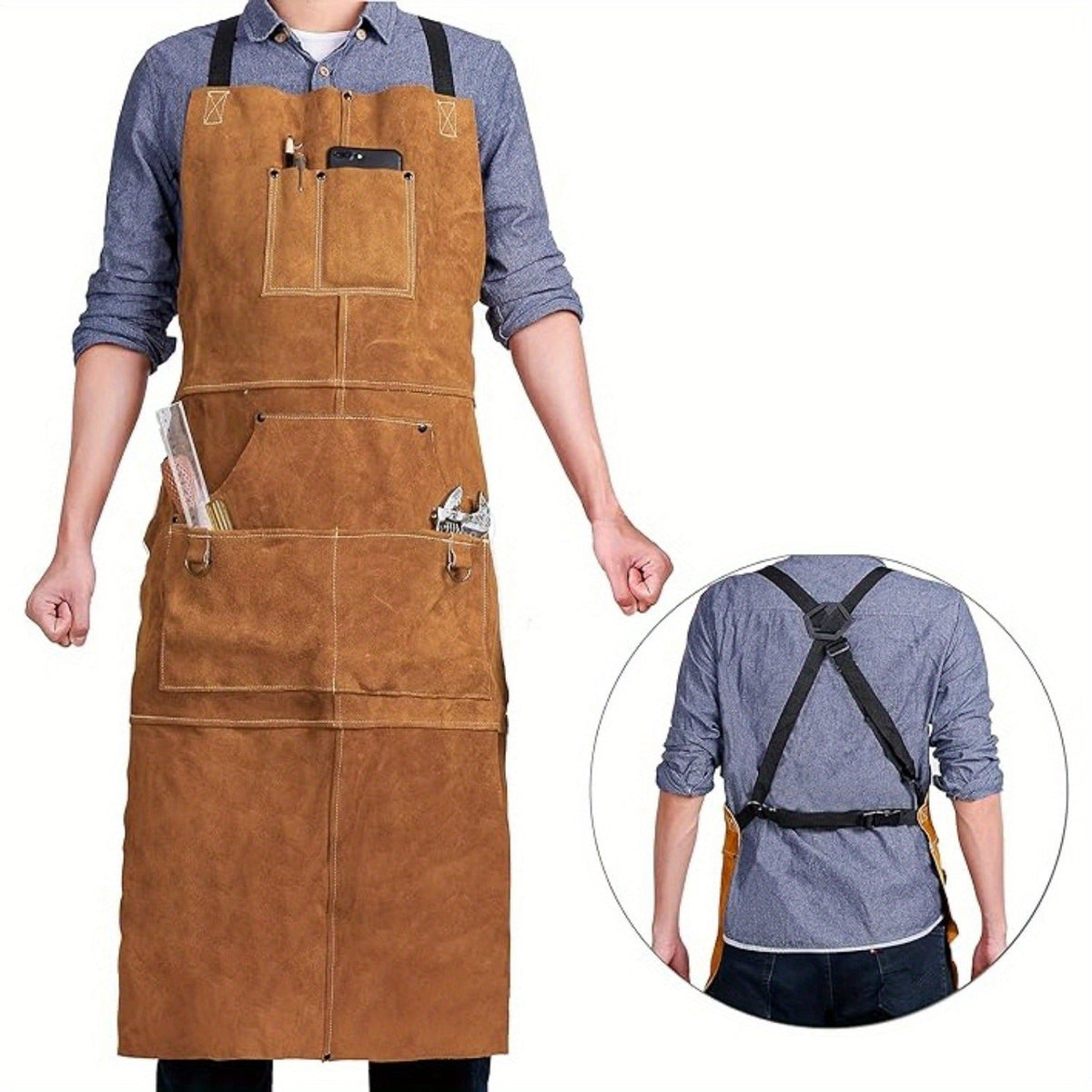Heat-Resistant Leather Welding Apron – Heavy-Duty 37.8'' Flame Retardant Apron with 6 Pockets for Blacksmiths, Carpenters & More