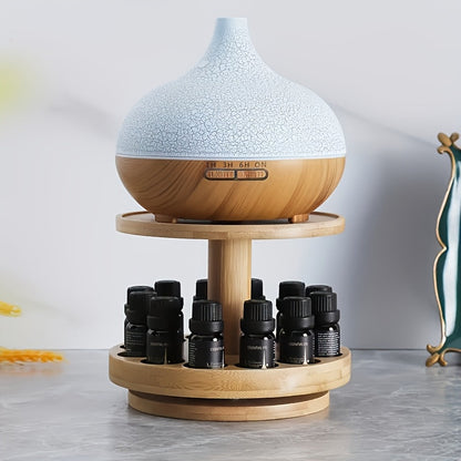 Vintage Wooden Essential Oil Display Rack – Double Layer Rotating Organizer with Glass Top for Stylish Aromatherapy Storage and Display