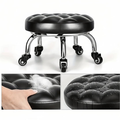 Ergonomic Black Faux Leather Rolling Stool – 360° Swivel Seat with Memory Foam Cushion, Waterproof Design for Home Office, Garage, Salon & Workshop