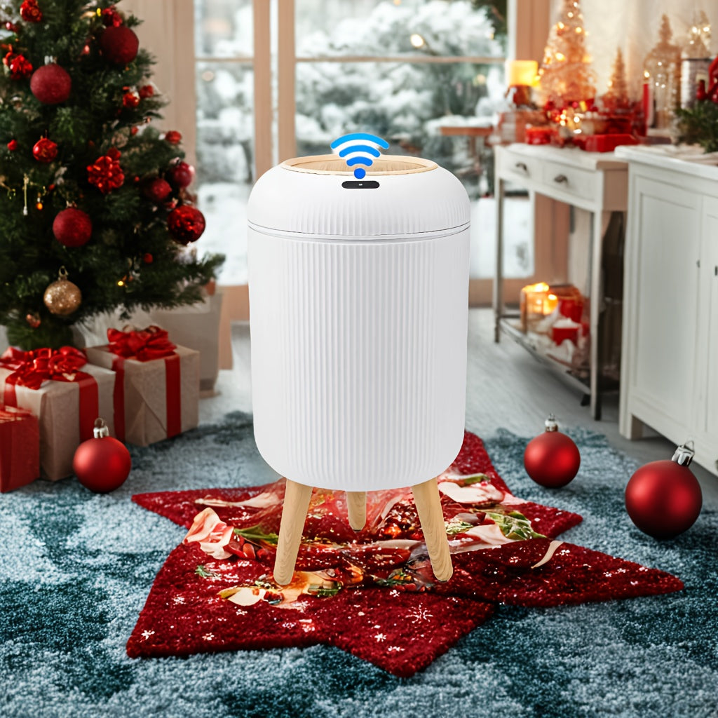 Smart Sensor Trash Can – White Motion-Activated Compactor Bin with Wooden Legs for Kitchen, Bathroom, and Office Use